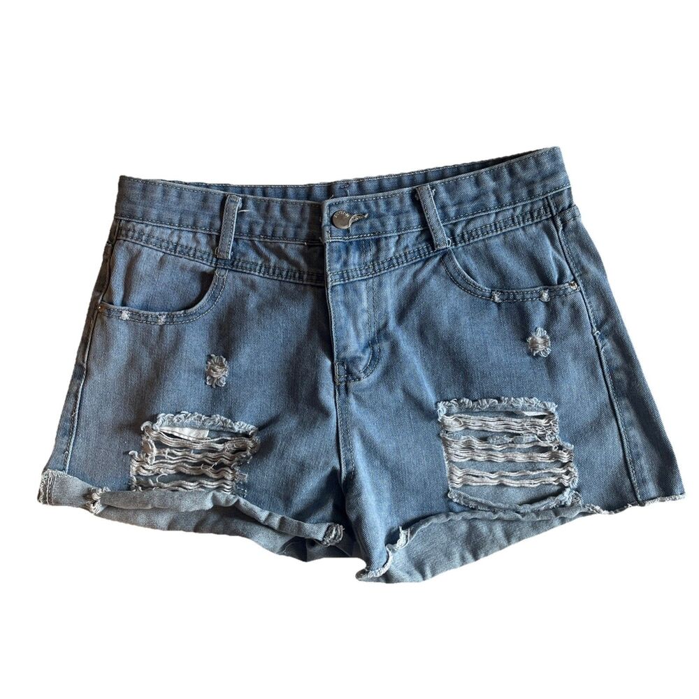 Distressed Shorts Women’s M Blue Jean Denim Mid Rise Cut-Off Raw Hem Summer